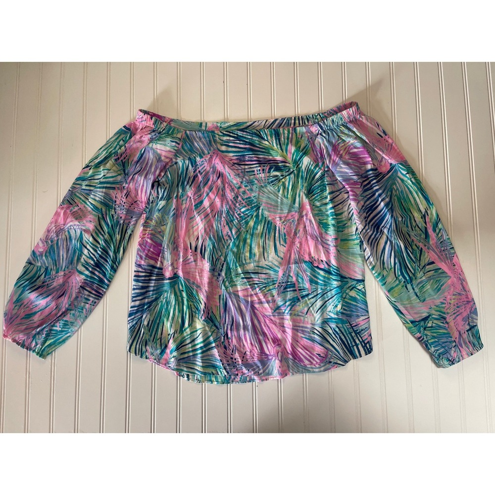 Lilly Pulitzer Silk Off The Shoulder Palm Print Top Pink Blue Green Medium READ